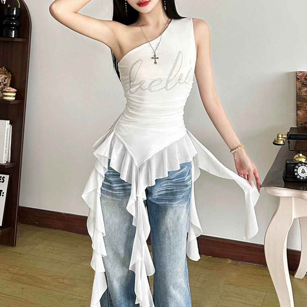 Zara Summer Rhinestone Asymmetric One Shoulder Slim Top